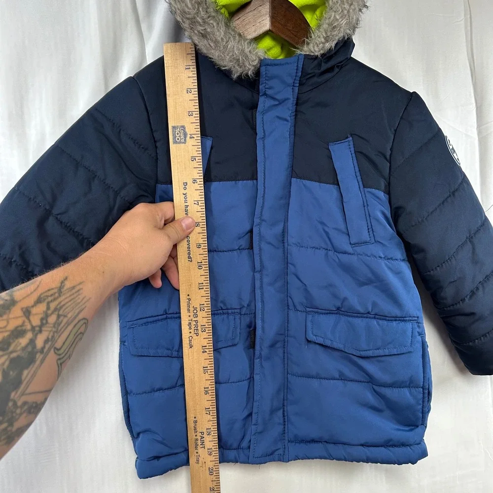 OshKosh Bgosh Puffer Jacket Kids M 5-6 Blue Colorblock‎ Faux Fur Hood